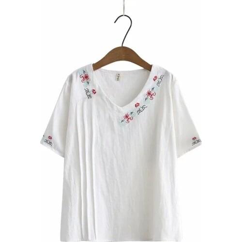 Plus Size V-neck Summer Tops Women Casual Short Sleeve Tshirts Vintage Full Cotton Embroidery Shirts