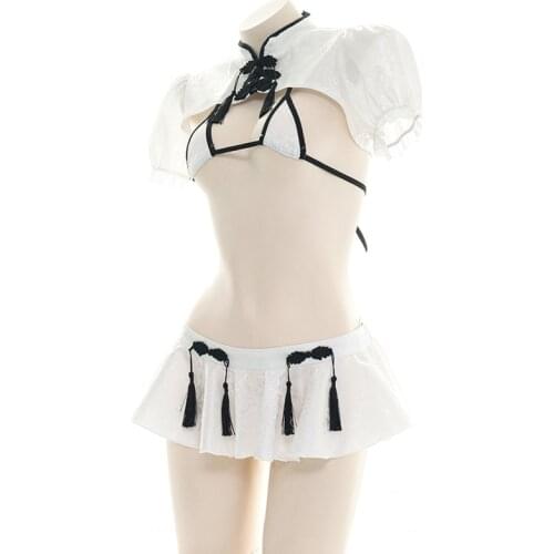 Sexy Mini Micro Open Bikini Bra Halloween Outfits For Women Girl Kawaii Lingerie Femme Erotic Cosplay Maid Outfit Cheongsam