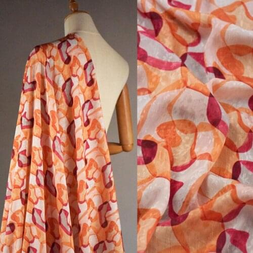 Half Meter Orange Red Geometric Print High Grade Jacquard Chiffon Fabric For Dress Shirt Cheongsam Sewing Tissue T1723