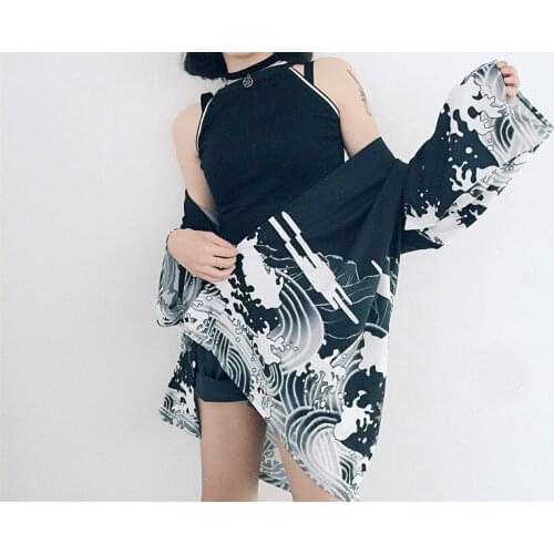 Vintage Japanese Harajuku Style Blouse Waves and Wind Dragon Shirts Japanese kimono Print Chiffon Cardigan