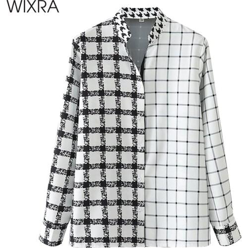 Wixra Womens Plaid Patchwork Shirts Long Sleeve Stand Collar Elegant Workwear Blouse Spring Tops Hot