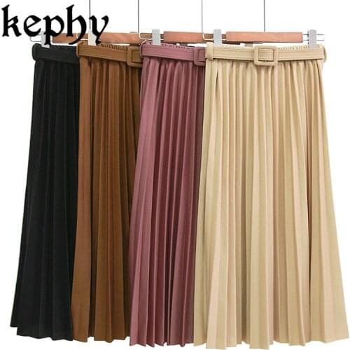 Kephy Elastic band women skirts Autumn spring straight skirt with belt solid midi ladies party wear skirt