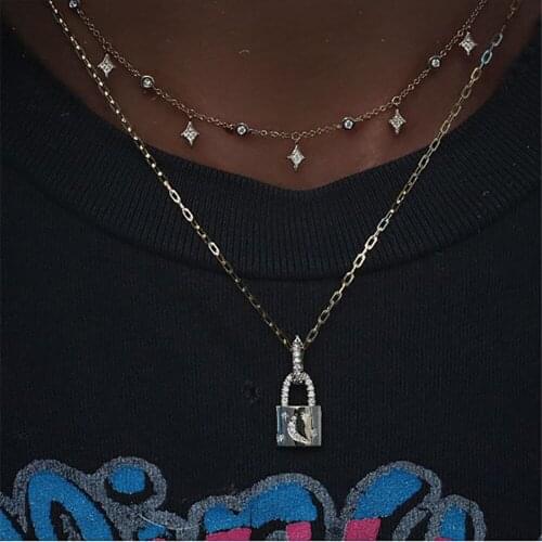 Boho Crystal Inlaid Lock Pendant Necklaces For Women Multilevel 2020 New Fashion Geometric Star Moon Female Necklace Jewelry
