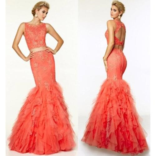 2018 Spring Two Piece Coral Crew Neck Open Back Lace Appliqued Mermaid Ruffles vestido de noiva prom Gown bridesmaid dresses