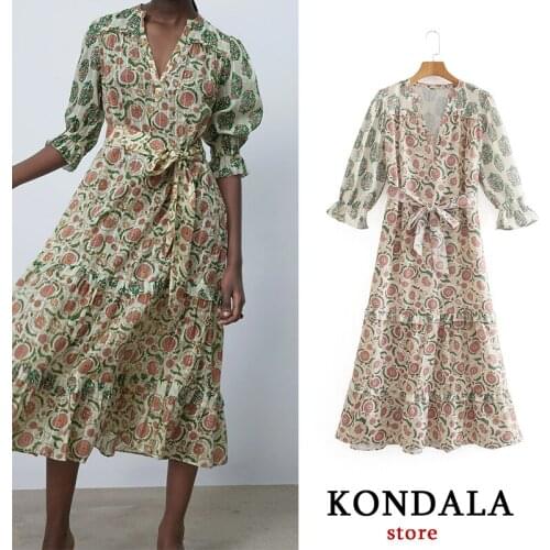 KONDALA Womens Dress Za Fashion 2021 Floral Print Chiffon Bow Sashes Dress Long Sleeve A-Line Slim Dress Female V Neck Vestidos