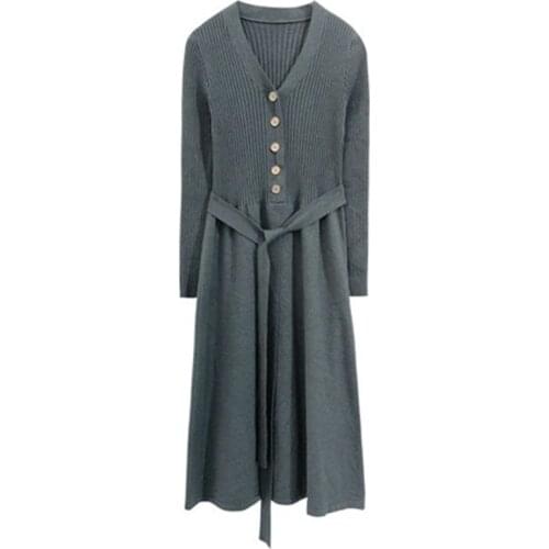 Spring Autumn New Arrivals Womens Knitted Long Dress 2021 Winter V-Neck Female Bottoming Print OL Plaid Loose Lady Pullover