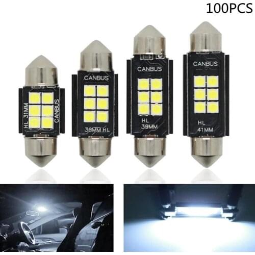 100pcs 6SMD 31mm 36mm 39mm 41mm High Quality Super Bright LED Bulb C5W Car Dome Light Canbus No Error Auto Interior Reading Lamp