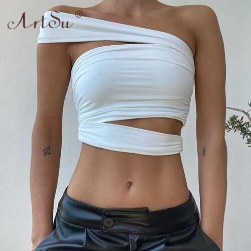 ArtSu Black White Hollow Out Solid Slim One Shoulder Sleeveless Crop Top Backless Fashion Sexy Tank Tops Women Summer Top