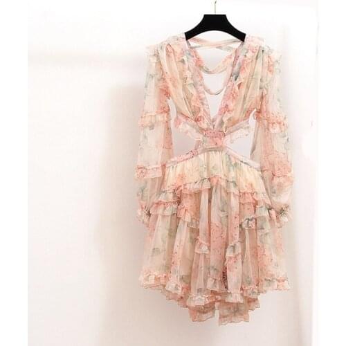 Australian sexy open back cross skirt V-neck back lace up Lantern Sleeve floral proof silk holiday dress