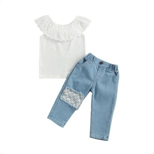 2021 1-6Y Kids Girl Princes Summer Clothing Flower Hollow Flouncing Tops Short Sleeve Bouse+Lace Side Pockets Denim Pants Party