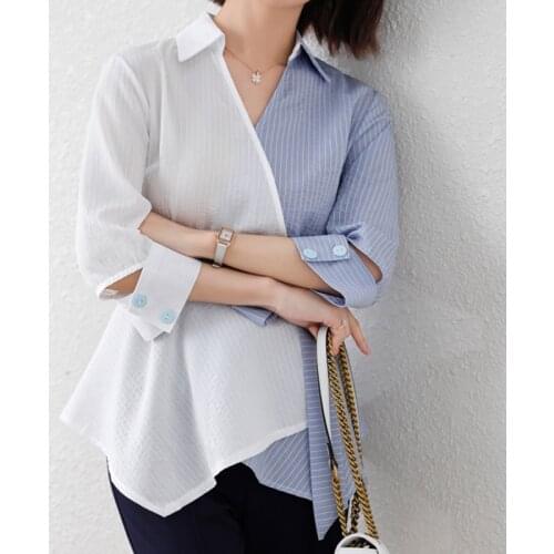 Striped Bow Sashes Blouse Women Half Sleeve V-Neck New Long Chiffon Woman Clothes 2021 Summer Tops Womens Shirts Chemisier Femme