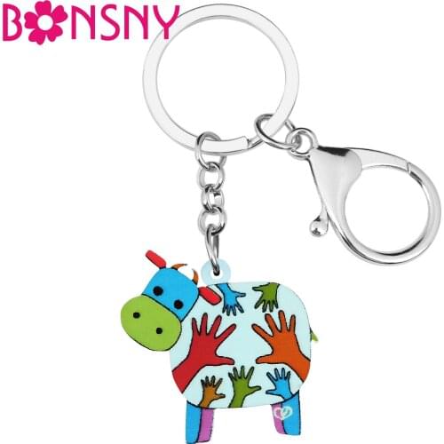 Bonsny Acrylic Sweet Cartoon Milk Cow Cattle Keychains Ring Fashion Purse Car Key Chain Unique Jewelry For Women Girls Gifts