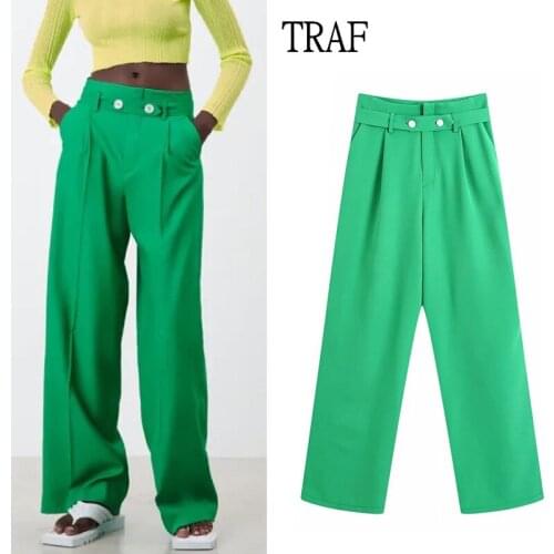 TRAF Za Woman Pants 2021 Green Button With Belt Wide Pants Woman High Waisted Trousers Suits Women Loose Pocket Straight Pants