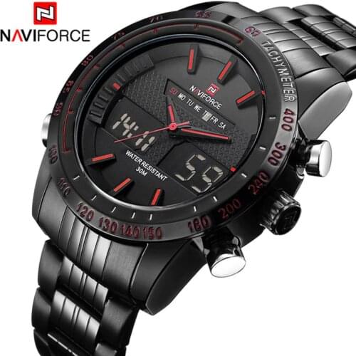 NAVIFORCE Brand Mens 30M Waterproof Sport Watch Men Stainless Steel Analog Digital LED Watches Dual Time Clock Relogio Masculino