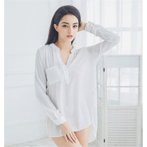 Home service nightdress sexy white chiffon shirt pijamas fun plus size Korean loose shirt dress V neck long sleeve sleepwear
