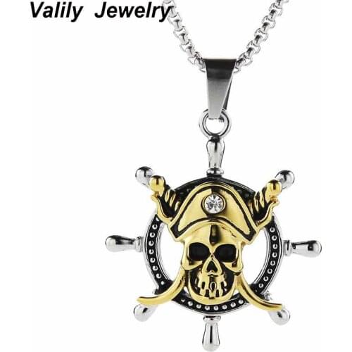EdgLifU Punk Biker Titanium Stainless Steel Rudder Skull Pirate Pendants Necklaces for Men Jewelry 55cm Box Chain