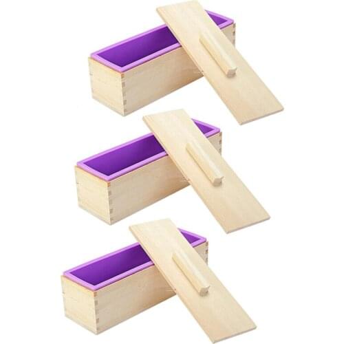 3 Pieces Soap Mold, with Lid, Wooden Box,Rectangular Silicone Soap Making Mold Kit, DIY Soap Making Tool