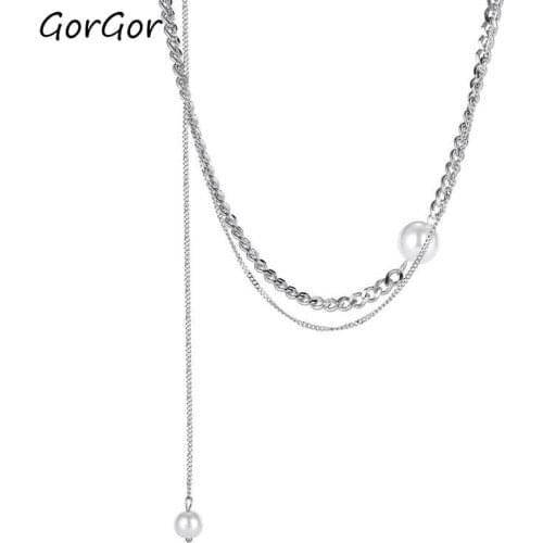 GorGor Necklace Women Stainless Steel Pattern Double Chain Beads Clavicle Chain Individuality Anniversary Jewelry TX-1800