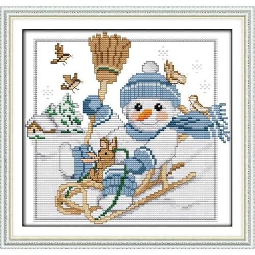 Joy Sunday A Christmas Snowman Cross Stitch Kit Pattern Canvas DMC 14CT Cross Stitch Set DIY Christmas Home Decoration Send Gift
