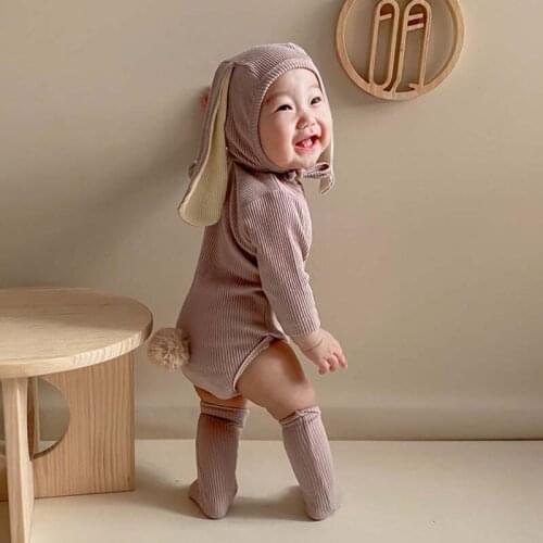 Spring Baby Clothes Newborn Baby Bodysuits Cute Baby Bunny Bodysuits Big Ear Hat And Socks Baby Clothes 3PCS