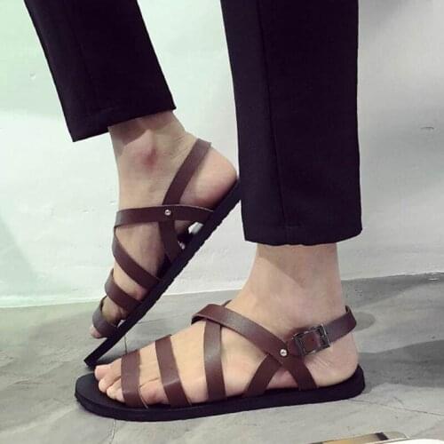 Rome Leather Sandals Men Summer Beach Gladiator Zapatos Hombre 2020 New Summer Mens Sandal Shoes Black/Brown, Size 38-43