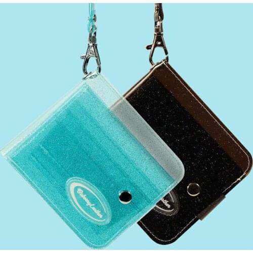 Cute Small Bag Transparent ID Card Holder PVC Folding Short Wallet Fashion Women Girl Glitter Cards Case Purse with Lanyard Sum
