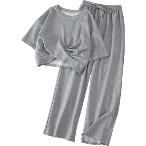 Fashion Sets Women O-neck Solid Knot Cropped T-shirts Elastic Waist Soft Pants Simple Office Ladies Casual Korean Daily Womens