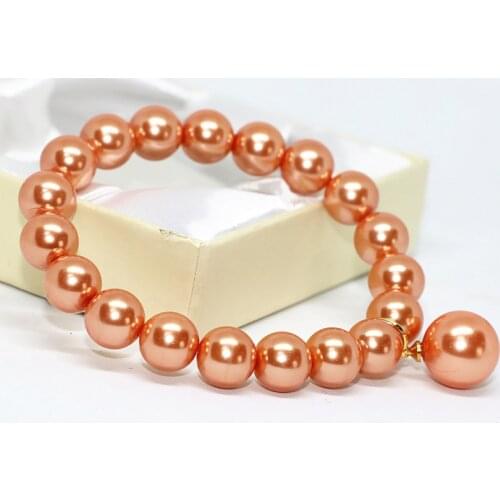 Fashion factory outlet charms orange imitation shell pearl 10mm round beads women bracelet elastic rope jewelry 7.5inch B1714