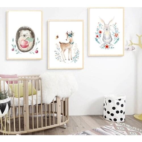 Deer Rabbit Hedgehog Wall Art Print Canvas Painting Nordic Poster Cartoon Animal Wall Pictures for Baby Kids Room Decoration