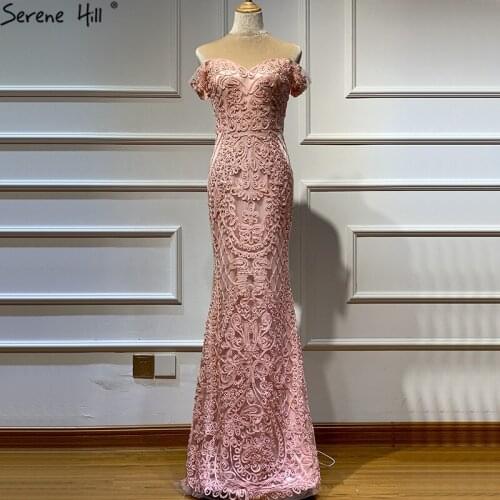 Real Photo Pink Sleeveless Pearls Diamond Evening Gowns 2020 Mermaid Off Shoulder Sexy Lace Evening Gowns LA60827