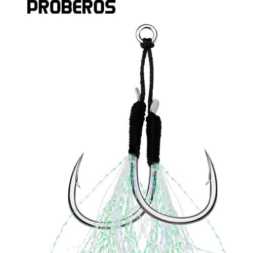 PROBEROS 50Pair/lot Jig Head Fishhooks 11-13-15-16-17-18-19-20# Cast Jigjing Assist Fishing Hooks Luminous Double Barbed Hooks