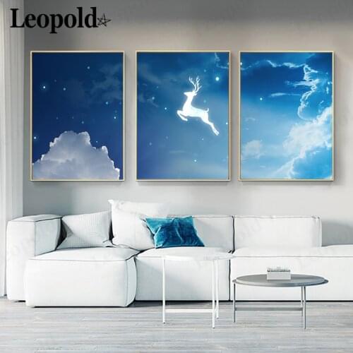 Modern Creative Blue Sky Canvas Painting White Clouds Starlight Deer Poster Wall Art Nordic Abstract Room Home Decoration