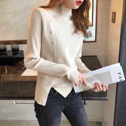 Half Turtleneck Sweater Buttons Split Womens Clothing 2021 A utumn Winter Tops Women Knitted Pullovers Long Sleeve Y2K Jumper