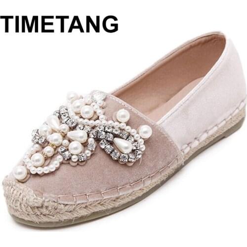 TIMETANG Autumn Fashion Shoes Woman Slip On Round Toe Espadrilles Pearl Comfortable Hemp Bottom Frisherman Shoes For Women C229