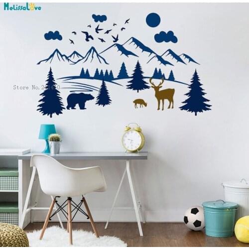 Custom Three Color Forest Animal Nursery Wall Decals Mountains Landscape Decor Nature Kids Room Art Vinyl Murals YT2451