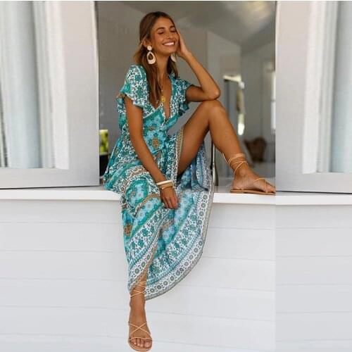 Indian Exotic Deep V-neck dress design trendy Ancient pattern Ankle-length long vintage party beach Dress Bohemian Vacation cool