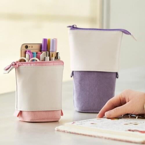 PU Leather Retractable Pencil Case Korean Style School Stationery Storage Bag Corduroy Pen Case Cute Pen Holder Gifts for Kid