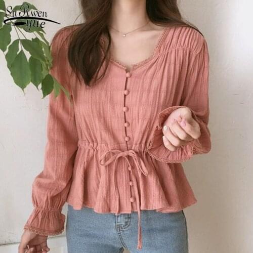 2021 Casual Long Sleeve Cardigan Blouse Women Vintage Solid Women Tops Summer Korean Cotton Solid Color Ladies Shirt 9590