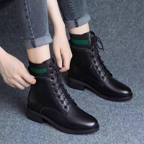 Soft Leather Mart Boots Womens Mid-heel British Style Plus Velvet 2021 Autumn Winter Cotton Shoes Thick Heel Single Ankle Boots