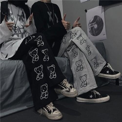 Harajuku Womens Wide-Leg Pants Korean Cartoon Print Womens Trousers Summer Fashion Street Sports Pants For Men And Women