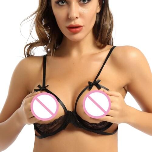 Womens Erotic Bra See Through Sheer Lace Lingerie Adjustable Spaghetti Shoulder Straps Open Cups Back Tie Up Underwired Bra Tops