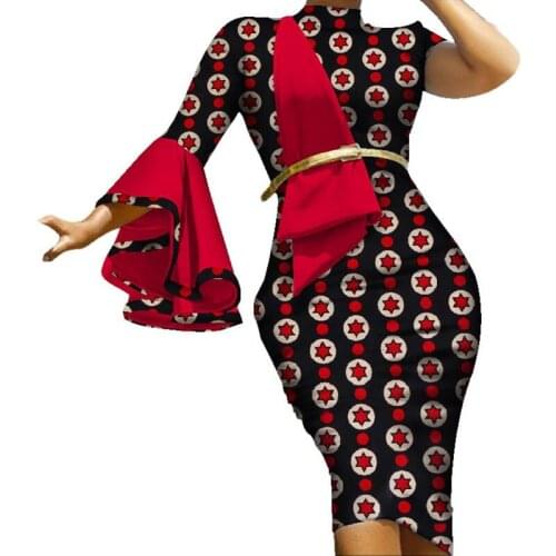 Stock Size Low Price Fashion Vestidos Ruffles Sleeve Draped Straight Dress Bazin Riche African Print Dresses for Women WY3439