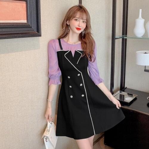 2021 Summer New French Round Neck Suspenders Fake Two Fashion Flared Sleeves Chiffon Top Sling Double Breasted Knee-length Dress