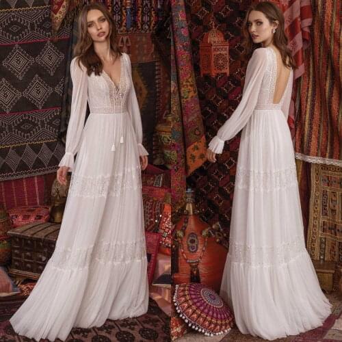 Long Sleeve Summer Beach Wedding Dresses for Women Deep V Neck Sexy Backless A Line Boho Bridal Gowns Bride Vestidos De Novia