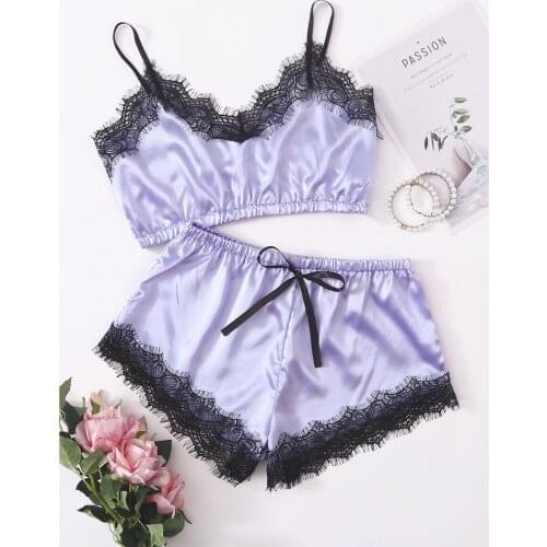 2021 Women Pajamas Satin Lace V-Neck Lingerie Sexy Spaghetti Strap Pyjamas Purple Bowknot Shorts Set Sleepwear Комплект пижамы
