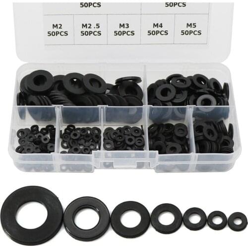 350pcs M2/M2.5/M3/M4/M5/M6/M8 7 Different Sizes Black Nylon Flat Washer Assortment Kit Metalworking Accessories