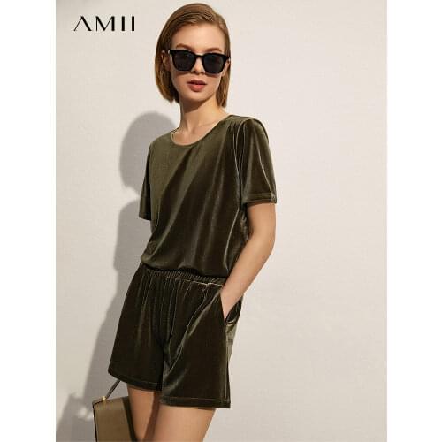 Amii Minimalism Spring Summer Fashion 2pcs Set Causal Velvet Oneck Loose Tshirt Tops Causal Solid Elastic Waist Shorts 12140051