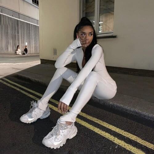 Angjulie Elegant Woman Jumpsuits 2020 Solid Color Skinny Sexy Streetwear Jogging Fitness Long Sleeves Overalls For Lady Rompers