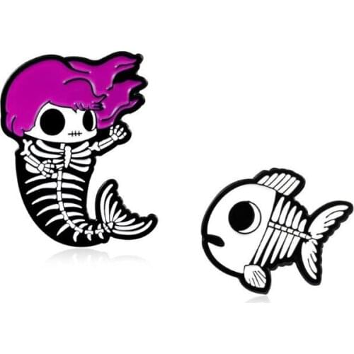 Fishbone Stone Metal Enamel Brooch Unique Mermaid Skeleton Badge Pin Creative Trendy Costume Backpack Hat Jewelry Accessories