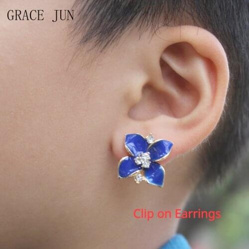 GRACE JUN High Quality Rhinestone Enamel Gold Color Clip on Earrings Without Pierced for Women Elegant Fashion Cuff Earrings